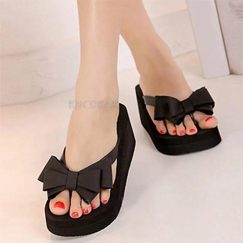 New Arrival Women Fashion Platform Mid Heel Slippers Beach Sandals Bowknot Flip Flops Shoes