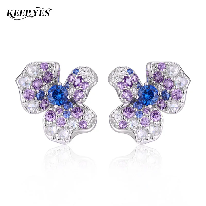 KEEP YES Flower Lab Grown Sapphire Stud Earrings for Women Sparkling Simulated Party Earrings Fine Jewelry 925 Sterling Silver
