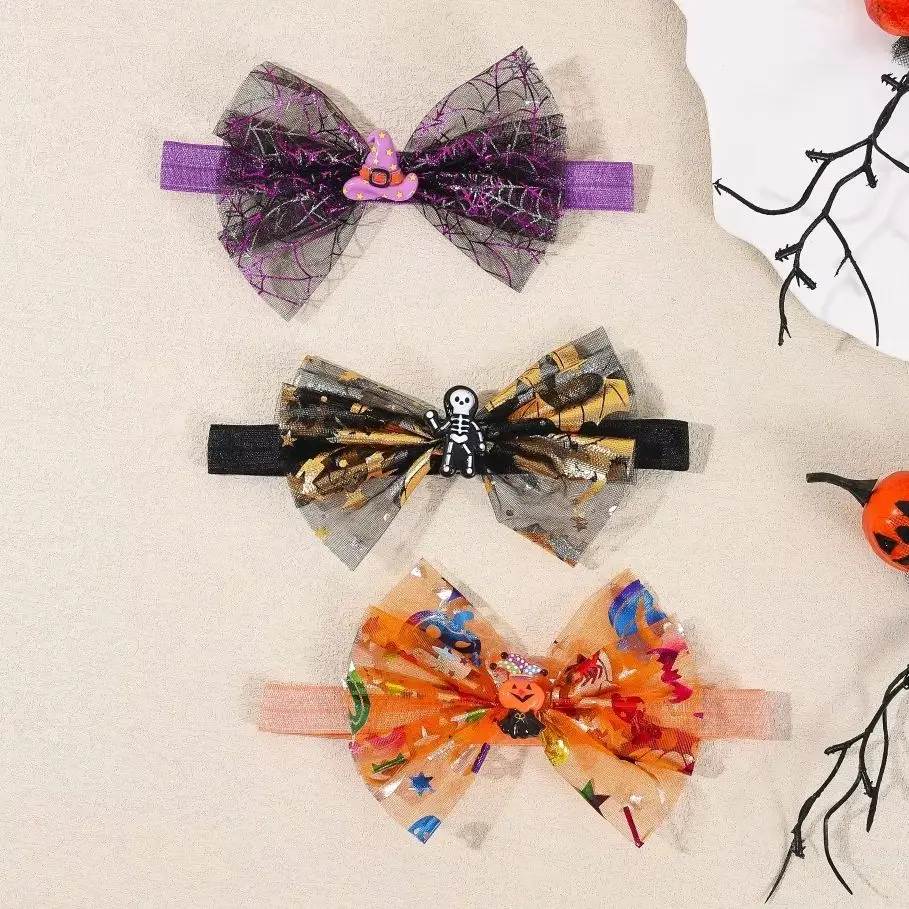 3Pcs Halloween Baby Headbands Bow Tulle Skeleton Witch Hat Pumpkin Toddler Girls Hair Bands Party Costume Hair Accessories Set