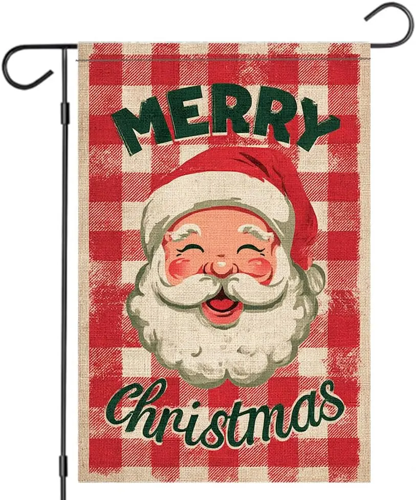 Linen material- Merry Christmas Garden Flag 11.81 x 17.72 inch Vintage Santa Red Plaid Check Design Classic Holiday Theme Ou PPM