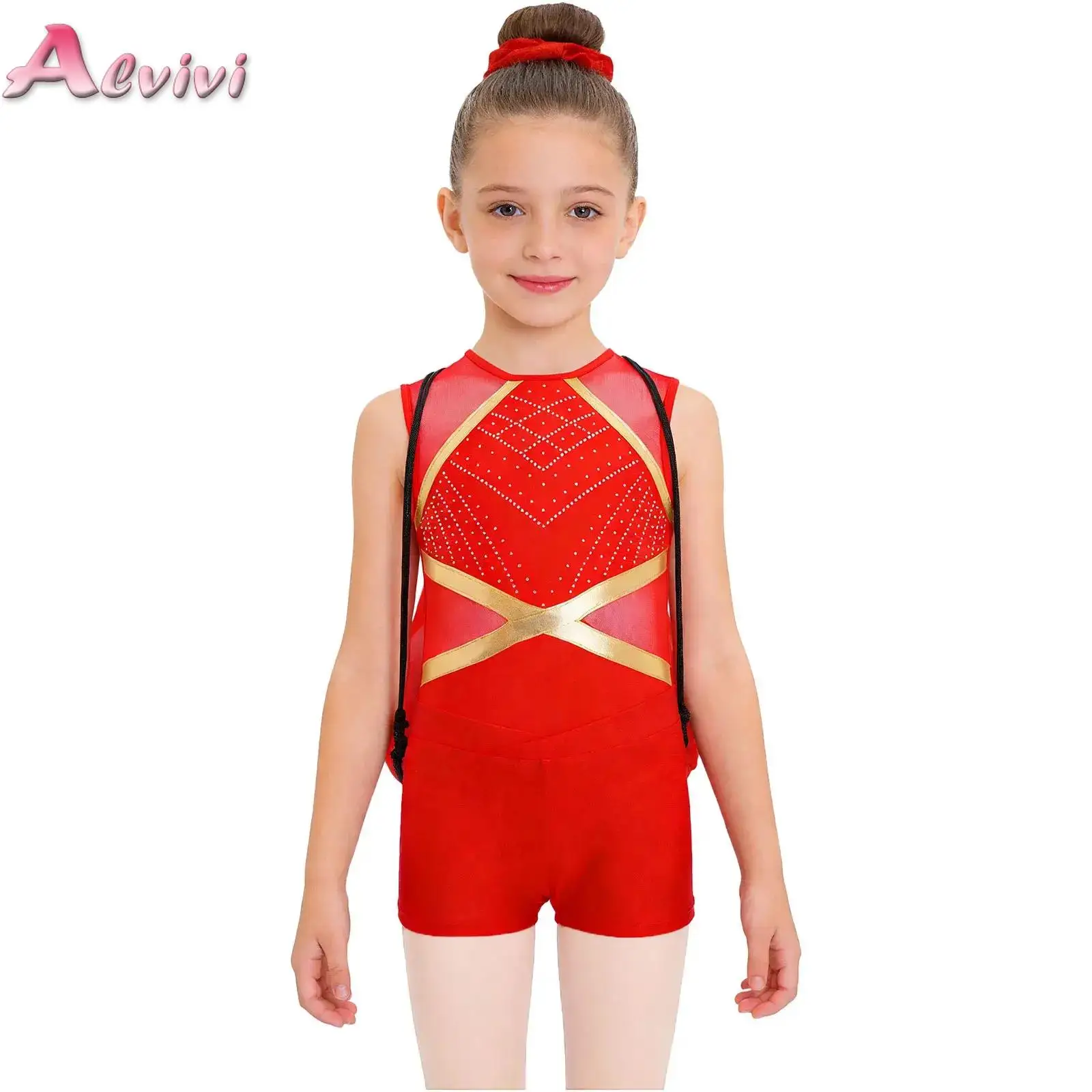 

Kids Girls Ballet Gymnastics Leotard Sleeveless Dance Bodysuit with Shorts Hairband And Bag for Figure Skating Dance Performance