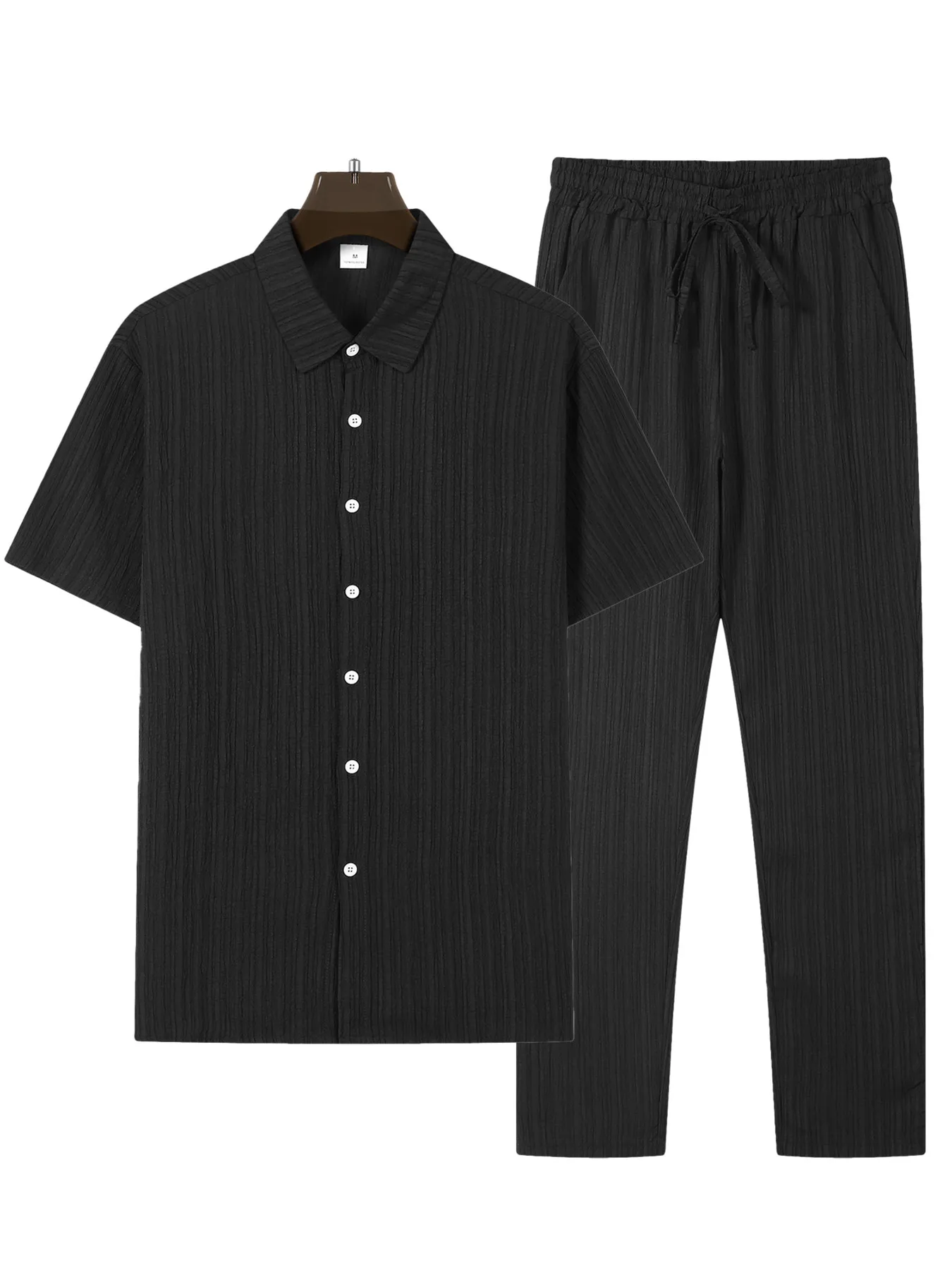 Mens Casual Stripe Two Piece Sets Solid Color Lapel Short Sleeve Tops And Long Pants Suits Spring Summer Sports Streetwear Cloth
