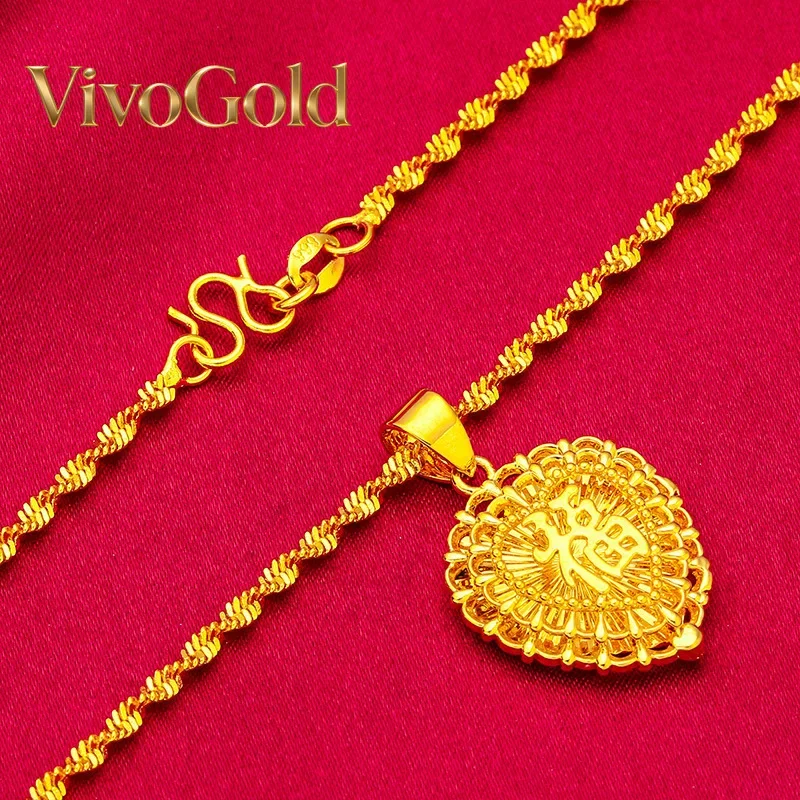 VivoGold VivoGold Heart Hollow Necklace for Women, 24K Gold, AU999 | Minimalist double-heart outline, subtle luxury for work