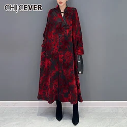 CHICEVER Retro Style Velvet Women's Printed Dresses Stand Collar With Knot Long Sleeve Temperament Fashion Maxi Dress Female New