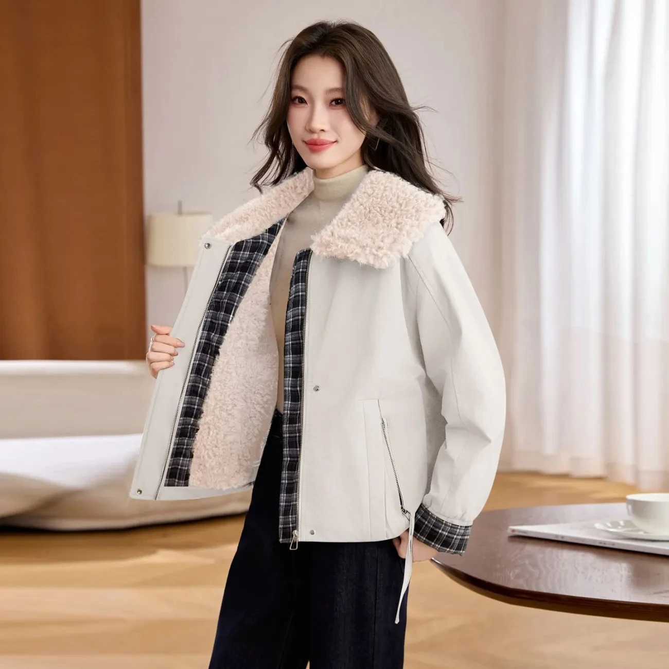 New Women's Casual Jacket 2026 Autumn Winter Retro Lapel Joker Lady Outerwear Loose Lambswool Cardigan Ladies Short Coats