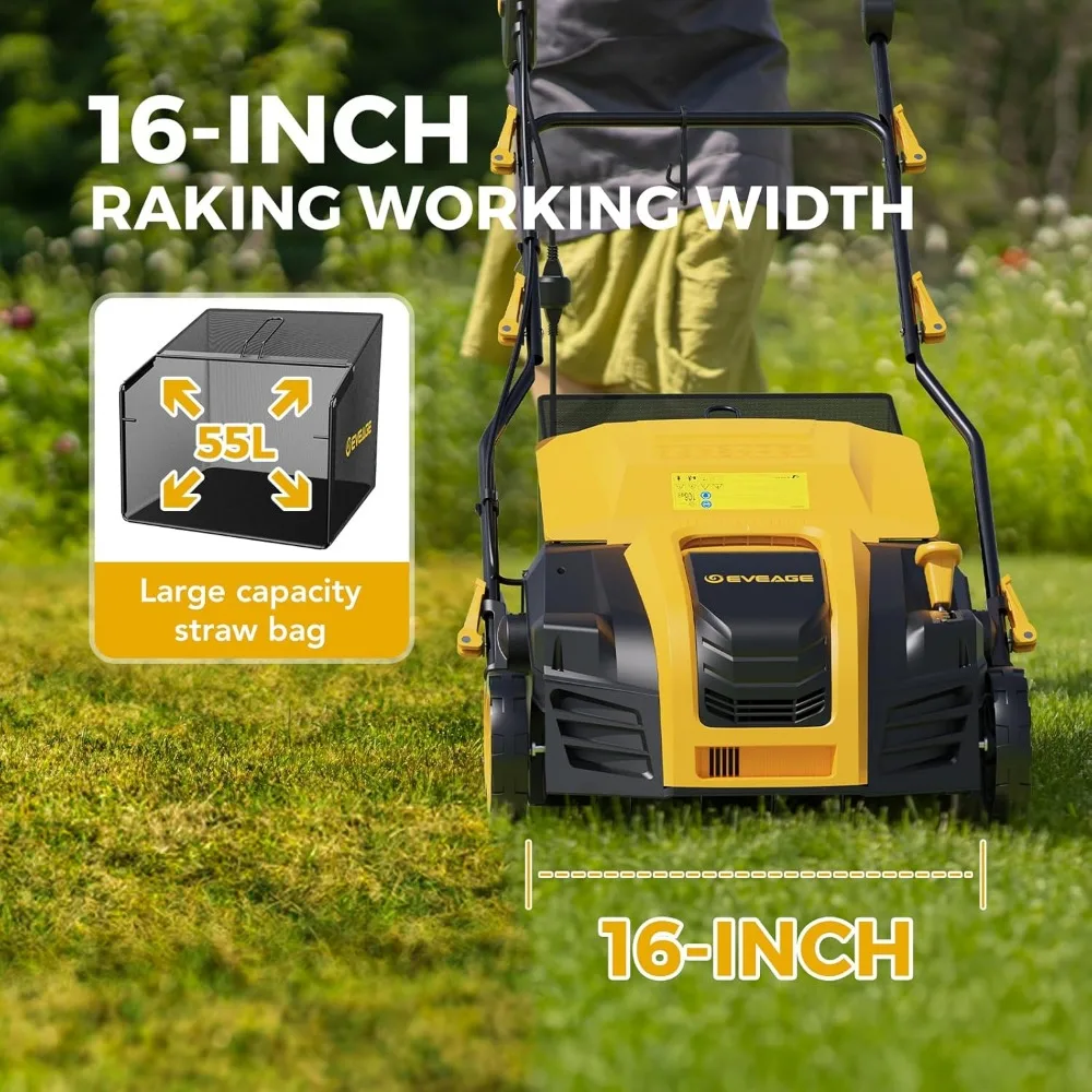 Distruggidocumenti e scarificatore elettrici da 16 pollici con potenza di 15 Amp, controllo della profondità a 5 posizioni, sacchetto da 14,5 galloni per migliorare la cura del prato