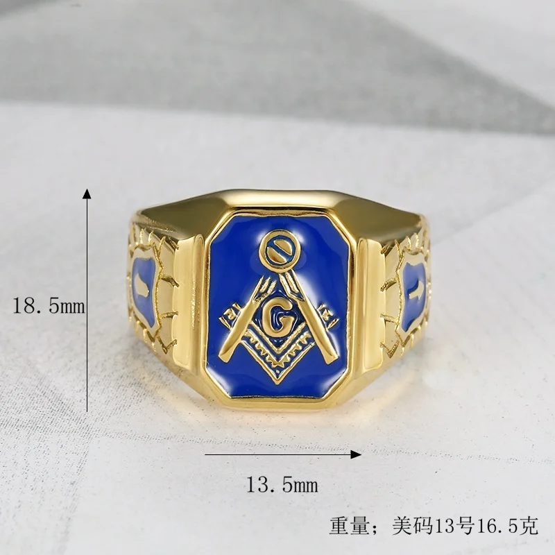 ULJ Vintage Gold Blue Color Side for Men\'s Jewelry Freemason Symbol G Templar Freemasonry Male Stainless Steel Rings