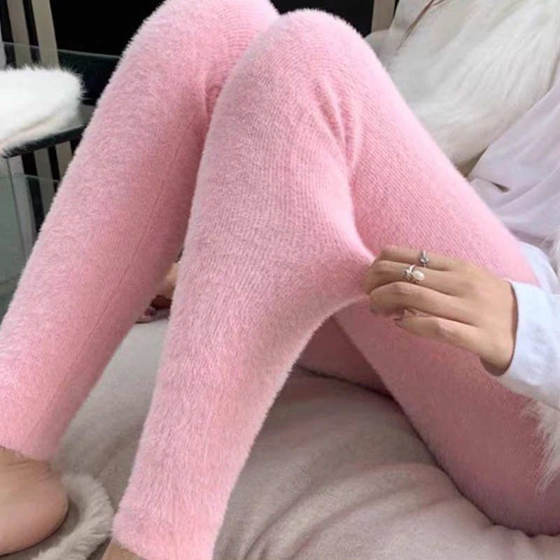 

Pink Imitation Mink Velvet Pants Women High Waist Elastic Plush Casual Thermal Tights Slim Fit Plus Velvet Warm Leggings