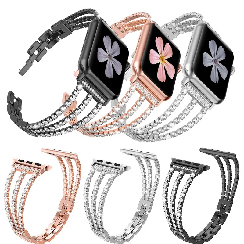 Uhrenarmband im Metallkettenstil für die gesamte Palette der Apple Watch-Serie. Diamantbesetzte Kette aus Edelstahl