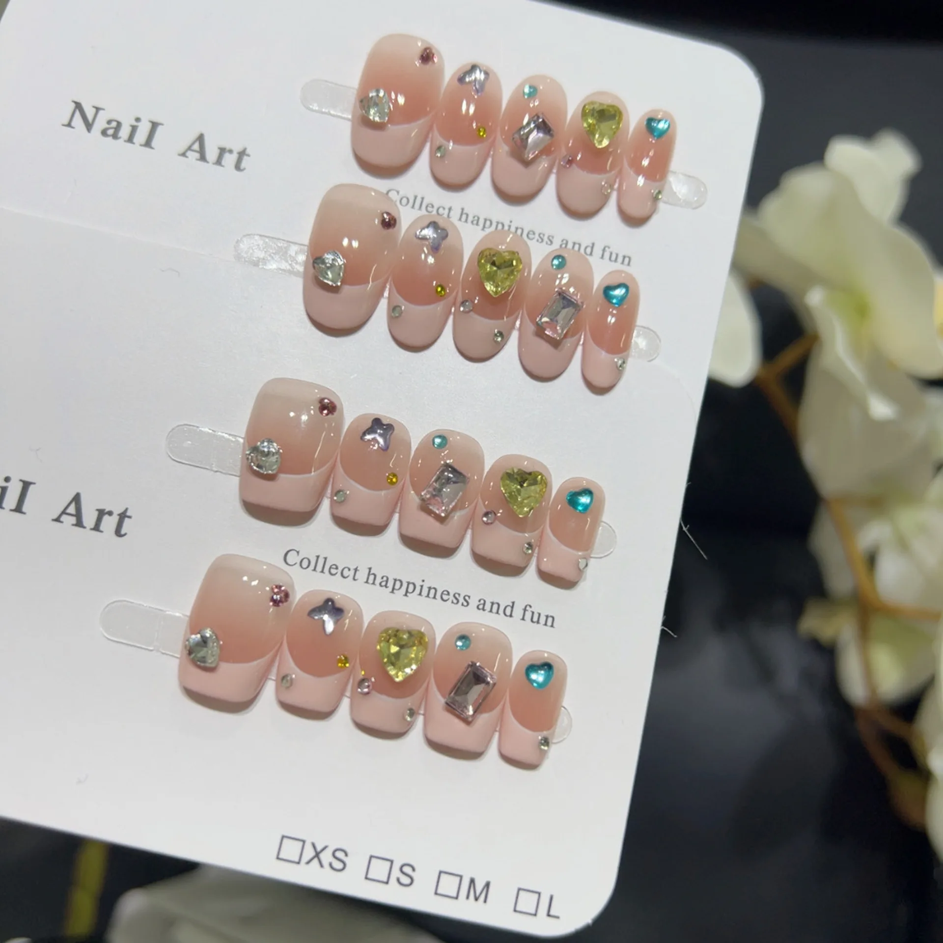 

10pcs Handmade French Short Press On Nails Nude Pink Full Cover Rhinestone Design Sweet Fake Nails Wearable Nails Art Tips Girls