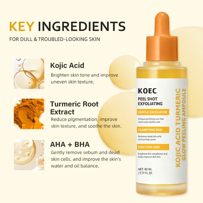 KOEC Kojic Acid Turmeric Exfoliating Serum Face Body Exfoliant Peeling Essence Smoothing Texture Improve Dull Facial Care