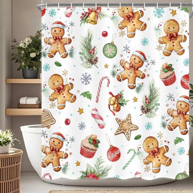 Watercolor Gingerbread Man Candy Cupcake Christmas Shower Curtain No Drilling Bathroom Decor Set with 12 Hooks