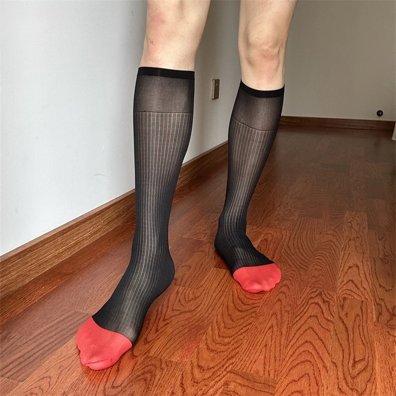 

Red Toe Line Thin and Wide Striped Men's Business Suit Medium-length Japanese Nylon Formal Office Stockings