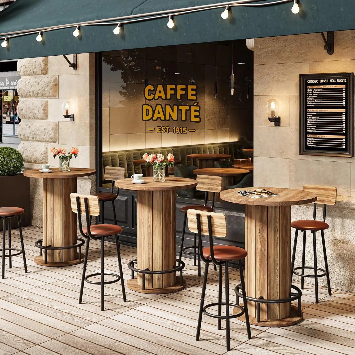 

Круглый обеденный стол на высоких ножках с деревянным основанием и подставкой для ног, для коммерческих кухонь, ресторанов, кафе, пабов, коричневый, на заказ