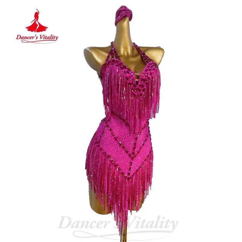 Latin Dance Fringe Dress for Women Customized High-end Luxury Full Diamond Backless Dresses Samba Rumba Competition Clothing