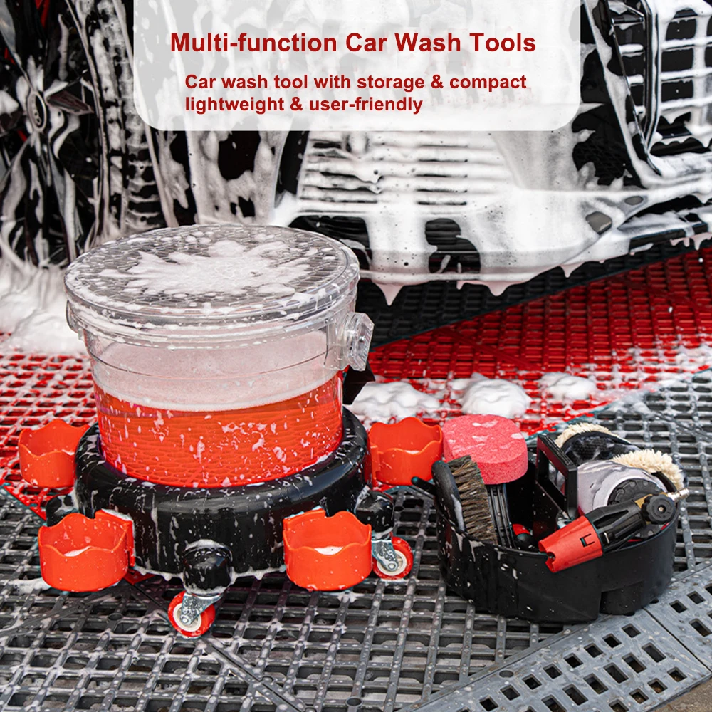 

Car Wash Tools Transparent Bucket With 360° Turning Swivel Caster Bucket Dolly Kit Sand Isolation Grit Filter And Storage Tray