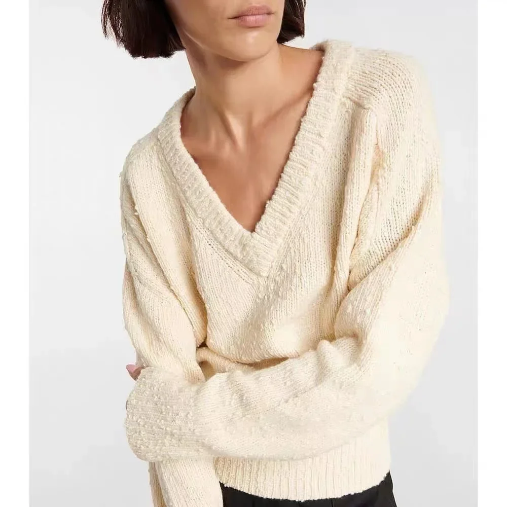 

Wool Blend Sweater for Women, Deep V-Neck, Regular, Simple Commuting, Granular Sweater, Slouchy Style, TT, 2024, Winter