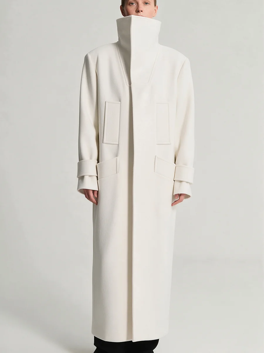 2026 Women  Long Wool Blend Coat, High Collar Loose Fit Multi Pockets Elegant Winter Warm Outerwear Jacket