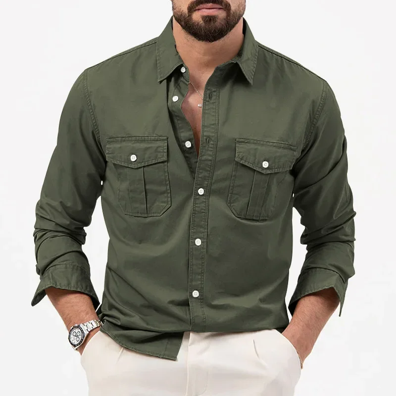 

Army Green Tactical Cargo Shirts for Men Chest Two Pockets Long Sleeve Mens T-Shirt 2024 Trend Casual Loose Shirt Chemise Hombre