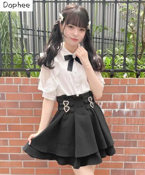 

Dophee Japan Styles Landmine Series Lolita Skirt Double-deck Water Diamond Heart Button High Waist Cute A-line Shorts Skirts