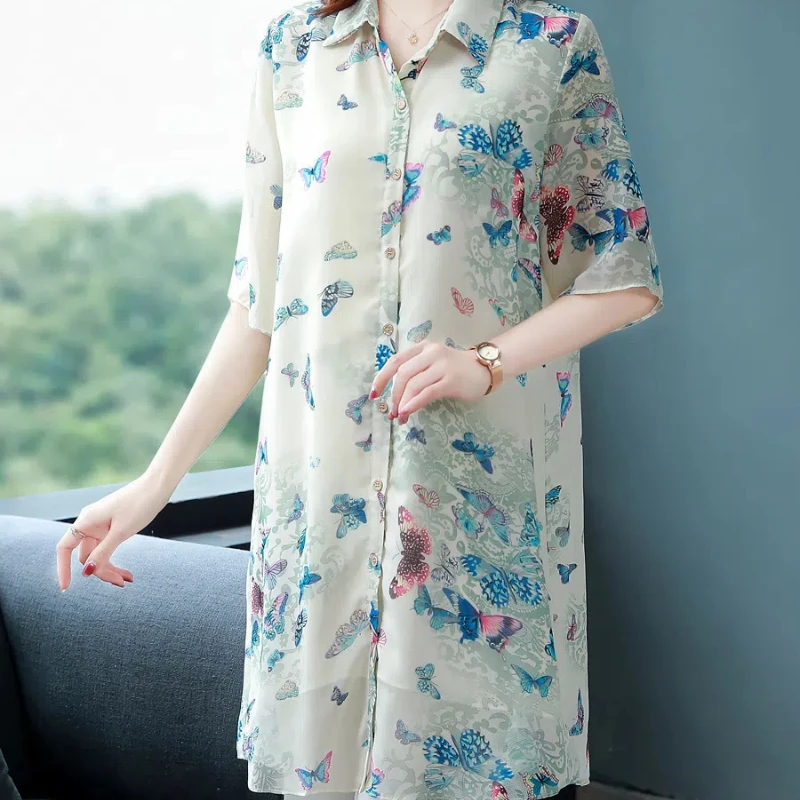 Temperament Fashion Summer New Women\'s POLO Collar Printing Single Breasted Casual Loose Mid-length 3/4 Sleeve Chiffon Shirt Top