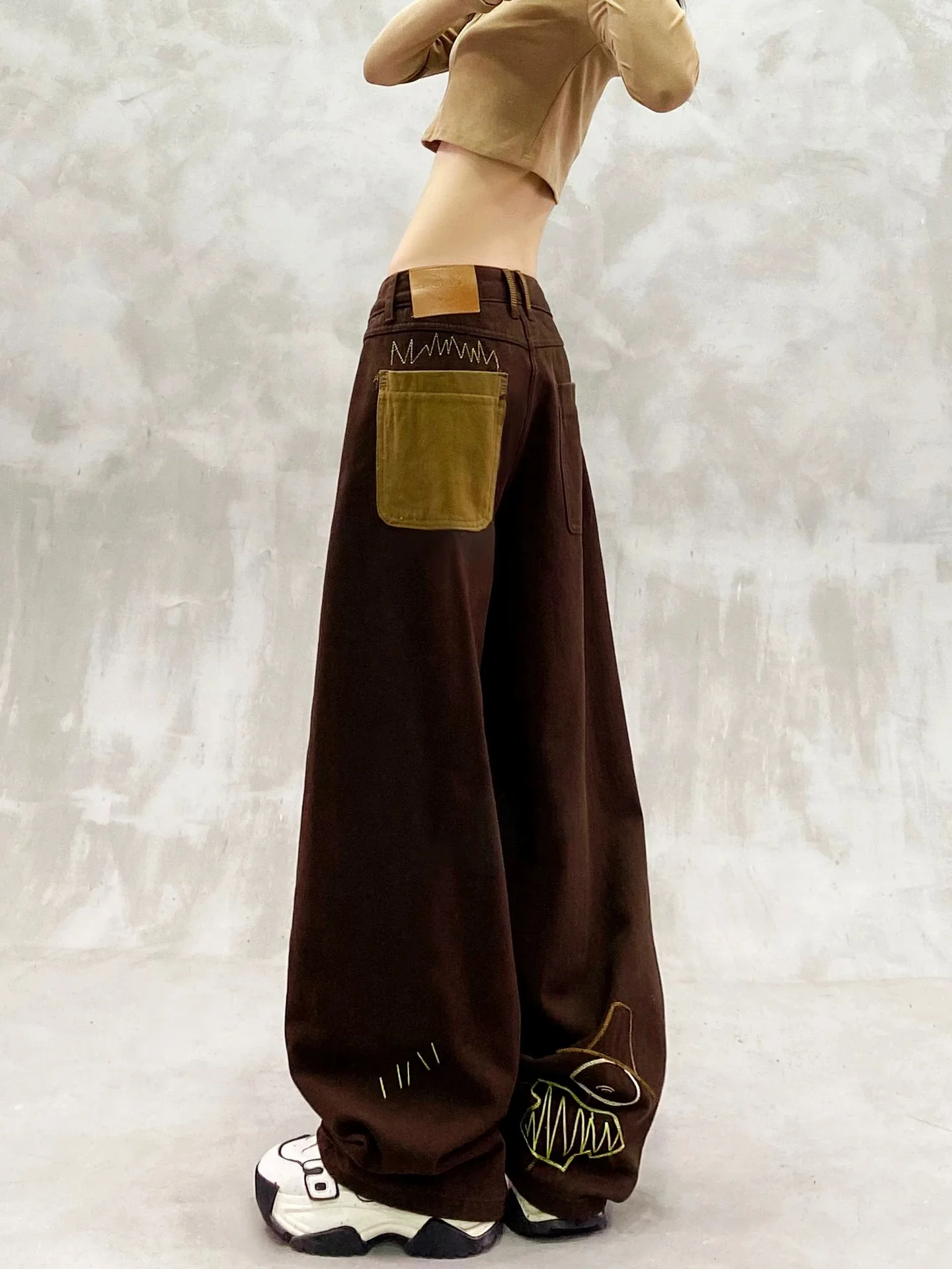 Y2K جينز منحني للنساء بجيب عالي الخصر وفضفاض مستقيم ومتعدد الاستخدامات للشتاء