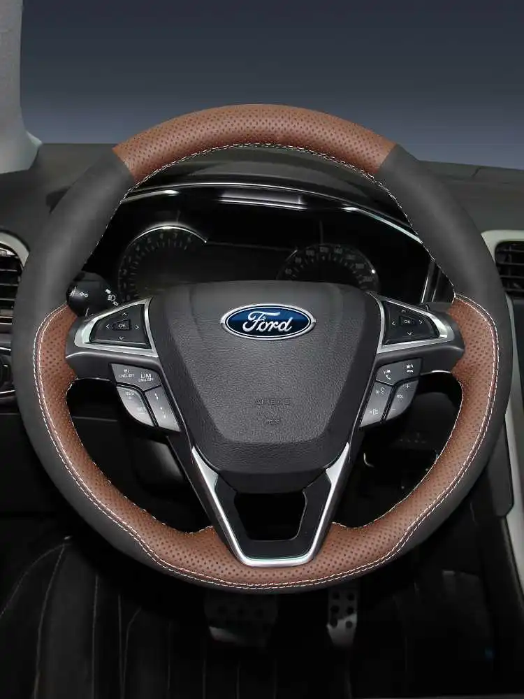 DIY Hand-Sewn Leather Suede Car Steering Wheel Cover for Ford Mondeo Edge Taurus Escort Explorer Interior Auto Accessories