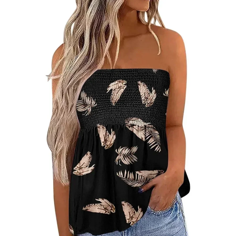 Women Printed Shoulder Cropped Tube Top Smocked Vest Sexy Summer Casual Daily Streetwear Minimalist Chic Ladies Sleeveless Top