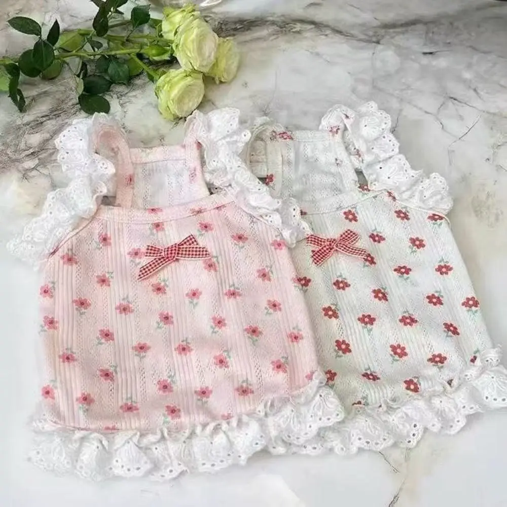 Flower Pattern Pet Camisole Vest Lace Trimmed Flying Sleeves Floral Dog Dress Cute Short Length Puppy Clothes Cat Clothes