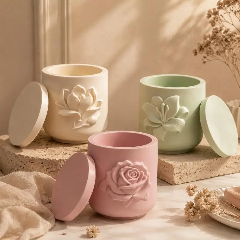 Relief-Rosenblüten-Kerzenglas-Silikonform, DIY-Heimdekoration, nordisches Design, Magnolie-Lilien-Blumentopf, Gips-Harz-Aufbewahrungsbox, Bastelformen – Detail 1