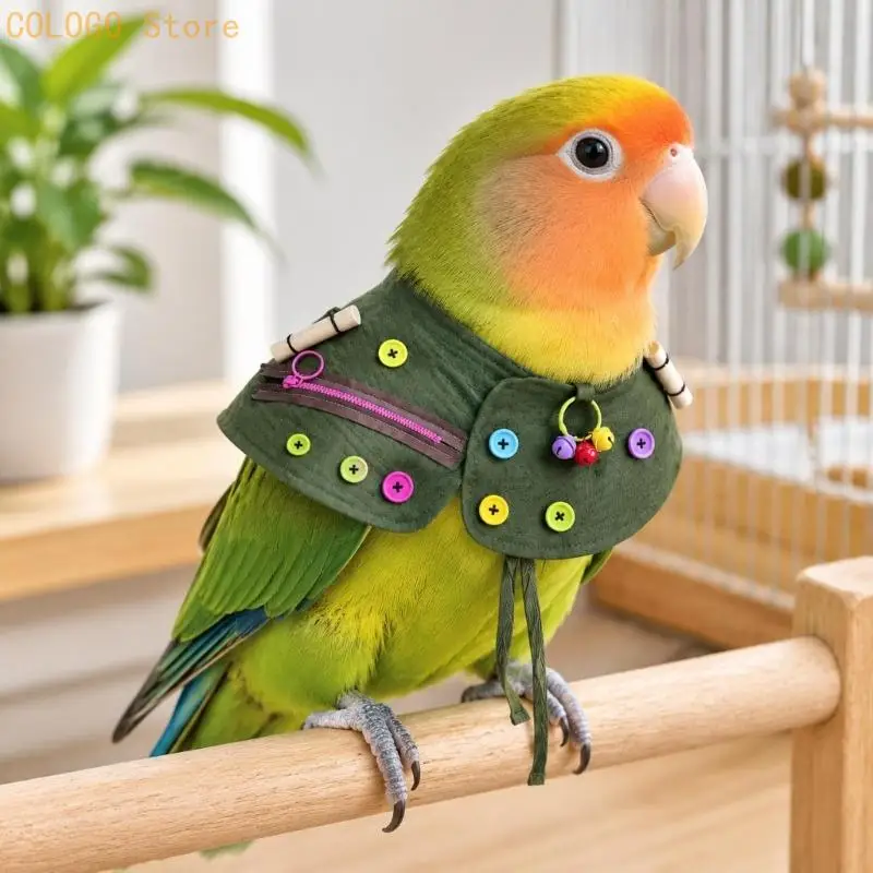 Green Bird Activity Drape with Two Shoulder-Mounted Rails, Colorful Hanging Pieces, Front Storage Compartment and Cords Beneath