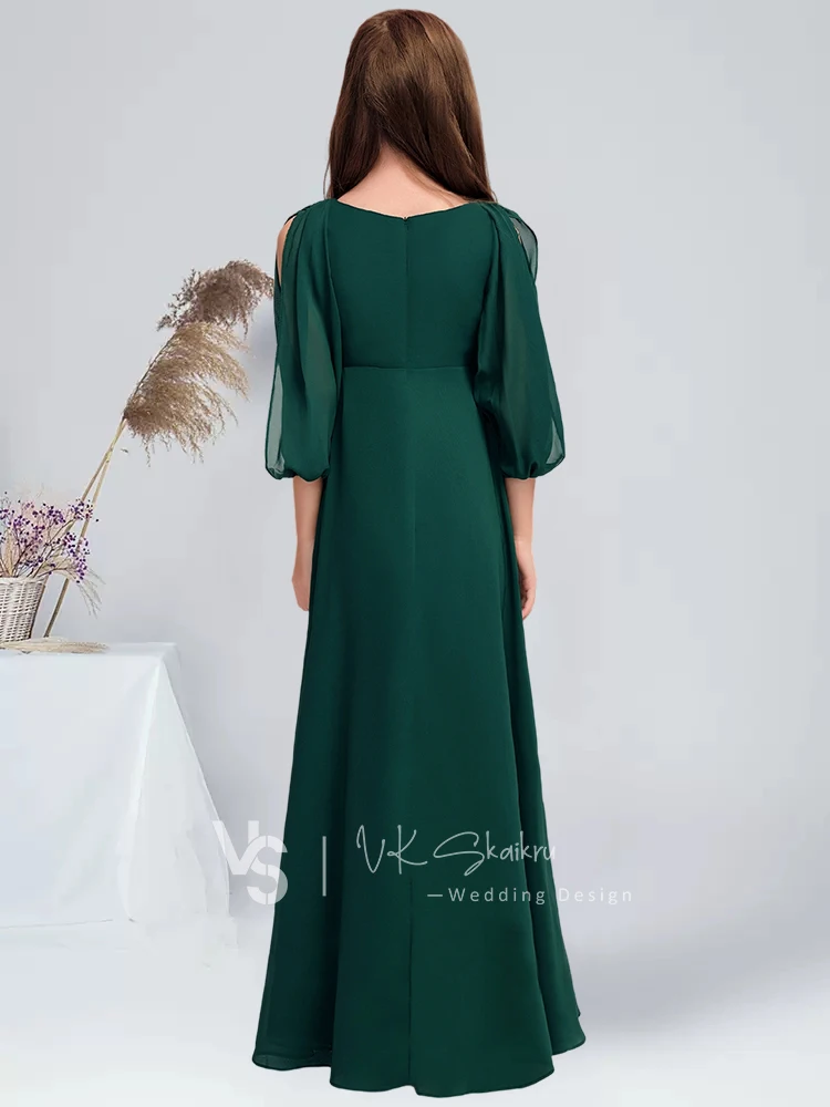 A linha com decote em v até o chão chiffon júnior vestido de dama de honra com plissado verde escuro vestido de menina de flor vestido de comunhão para juniores