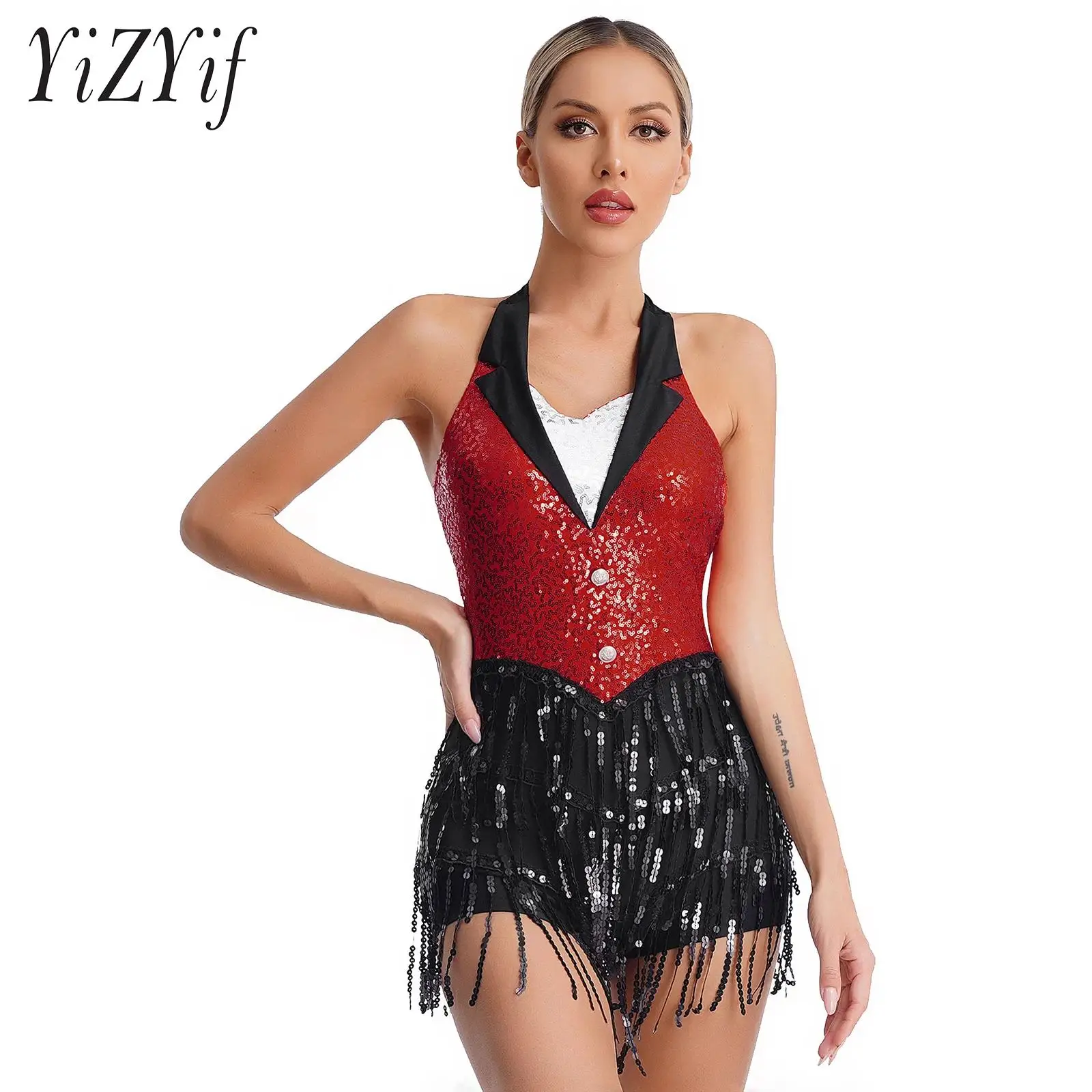 

Womens Jazz Latin Dance Performance Costume Halter Backless Sparkly Sequins Fringe Jumpsuit Sleeveless Tassel Leotard Dancewear