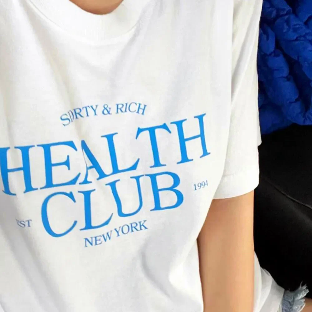 

American Vintage Health Letters Printing T Shirts Short Sleeve Loose Casual Graphic Tops Ins Fashion 90's Cotton Tee Women Shirt