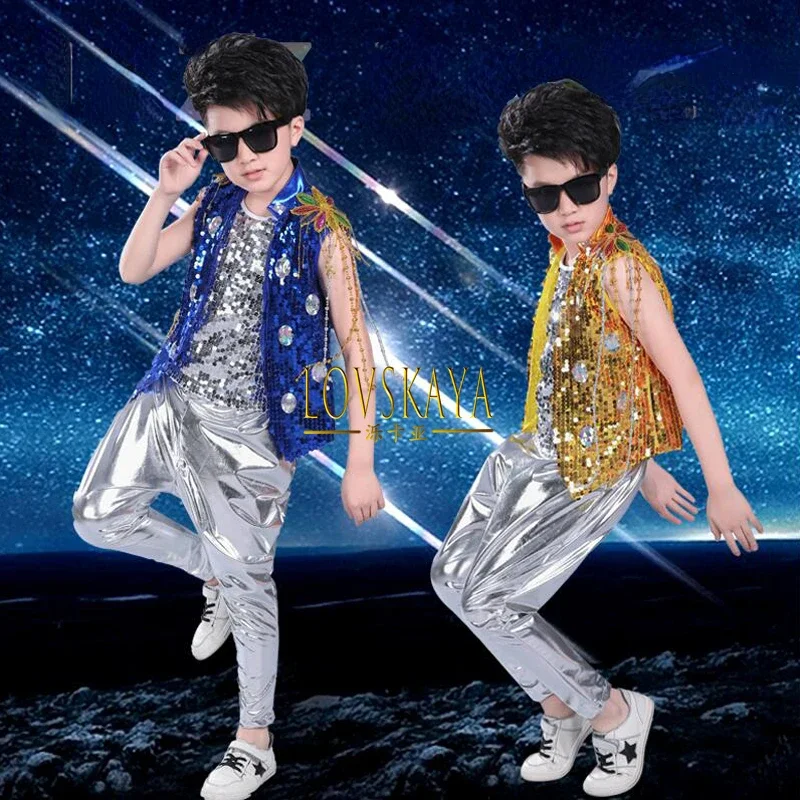 Sequined Hip Hop Outfits Girls Jazz Tap Dancing Tops Pants Boy Child Dance Stage Ballroom Party Dancewear Costumes