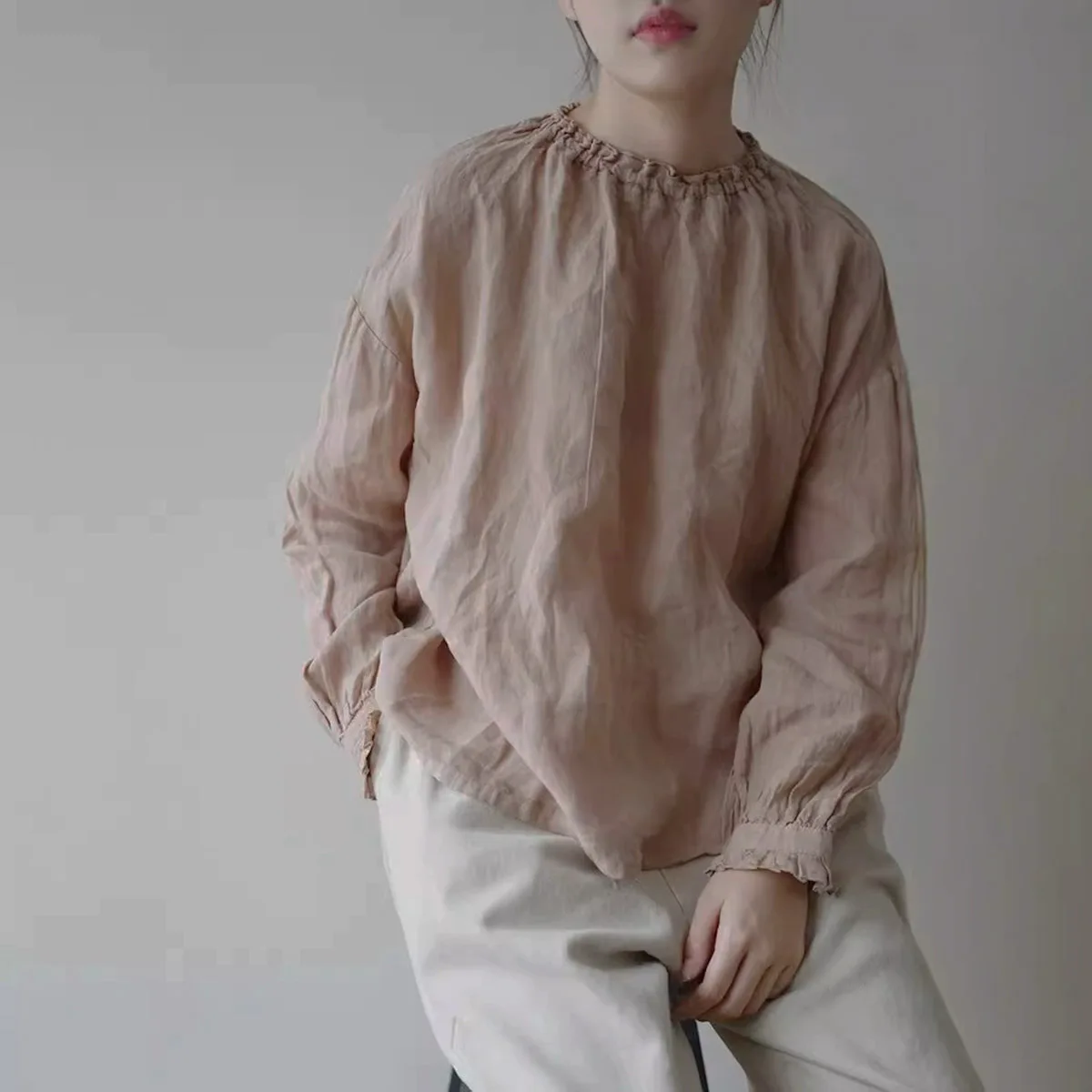 

Womens Japanese Style Korean Version High Quality Linen Tops Long Sleeve Pullover Lightweight Casual Loose Shirts Spring Summer
