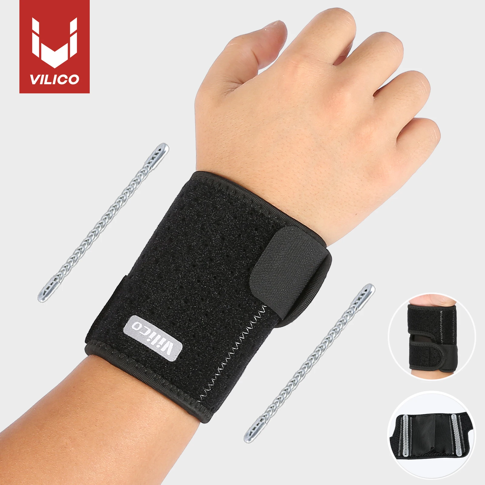 2PCS breathable inner lining wrist guard with two internal spring strips, supporting adjustable wristbands with pressure bands