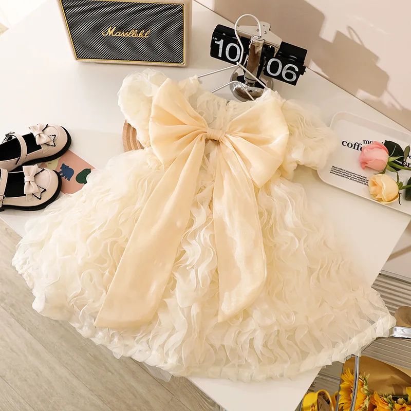 Sommer Prinzessin Kleid für Mädchen mit kurzen Ärmeln einfarbig und Rücken Bowknot für Party Hochzeit Kinder Kleidung e31117