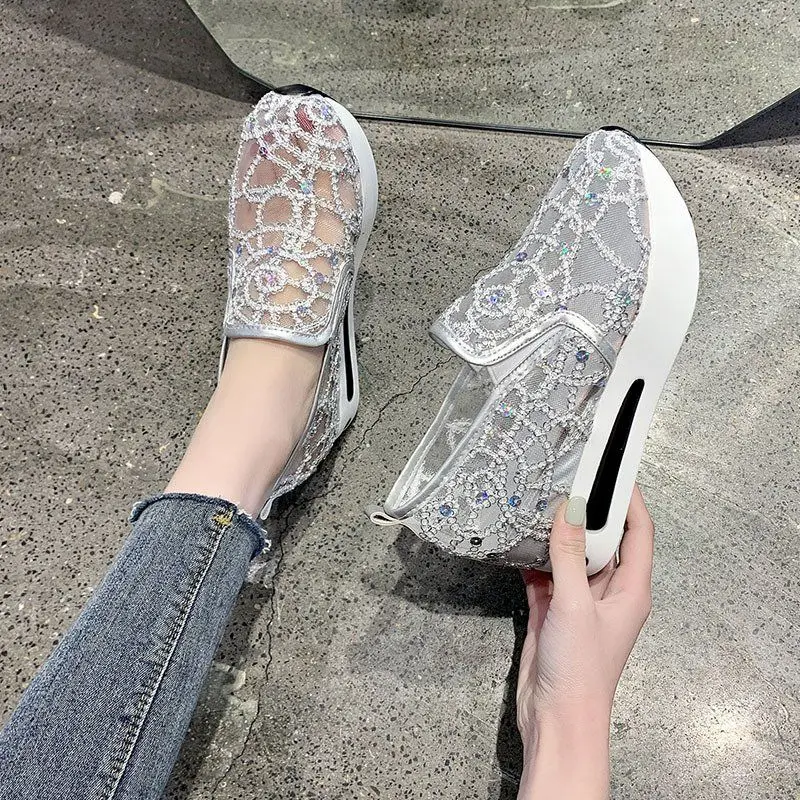 

Women Summer Hollow Out Mesh Sandals Sport Casual Thick Sole Boat Shoes Height Increasing Slip On Lazy Single Shoes