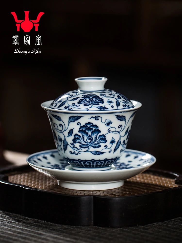 

Zhong Family Single High Grade Cover Jingdezhen Set Chai Kiln Blue And White Hand Painted Peony Tuoshui Sancai Tea Bowl