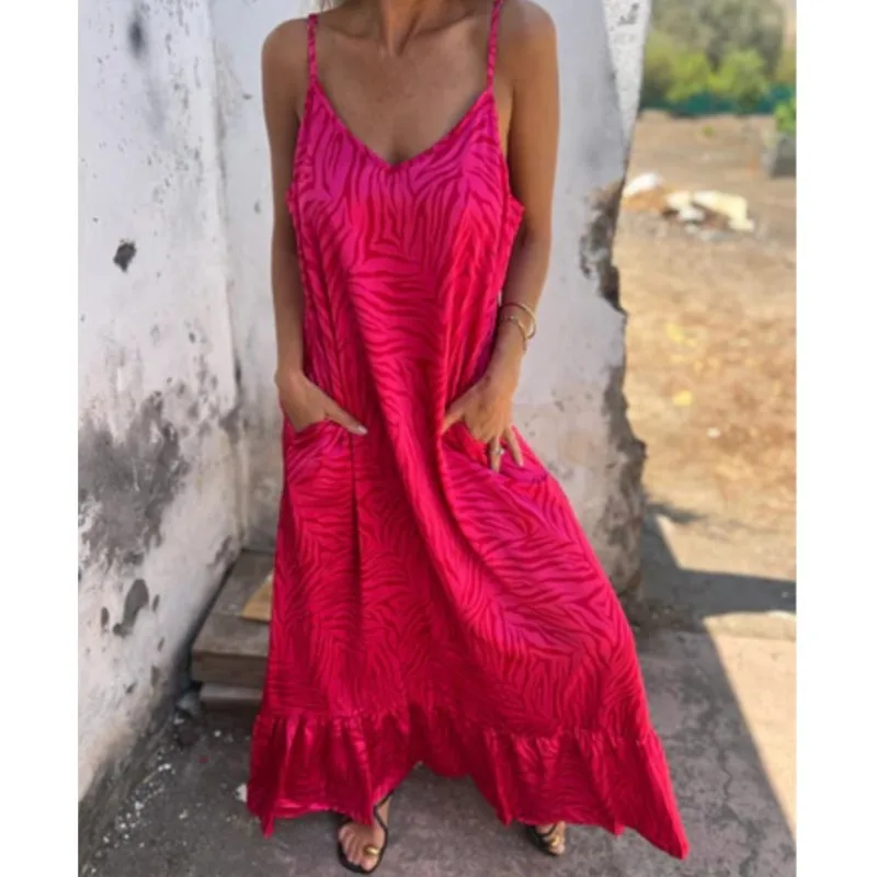 여름 섹시 슬림 어깨 스트랩 Boho 드레스 여성 딥 v 넥 민소매 큰 주머니 루스 비치 파티 드레스 밑단 프릴 가운