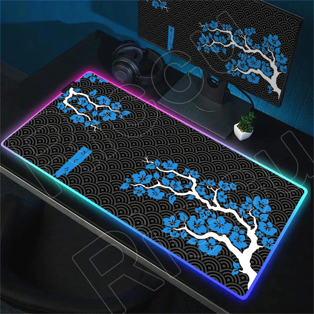 Kawaii Sakura RGB Mouse Pad Japanese Cherry Blossom LED Light Keyboard Deskmat Gaming Accessories 30x80cm Color Glowing Mousepad