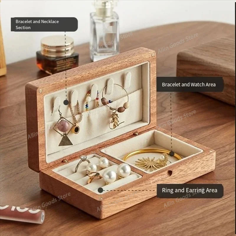 Vintage Walnut Solid Wood Jewelry Organizer Box, Portable Velvet Travel Storage Case for Necklaces Earrings Rings