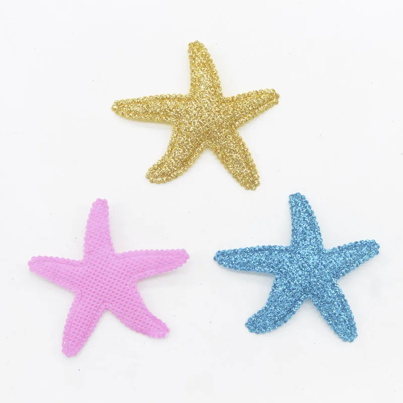 16Pcs 60*50mm Shiny Powder Glitter Fabric Padded Starfish Applique Headwear Hair Clips Patches Kids Birthday Crafts Ornament