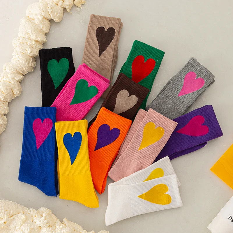 Korean Style Women Socks Harajuku Cotton Love Heart Pattern Cute School Girls Solid Sock Simple Female Breathable Mid Tube Socks