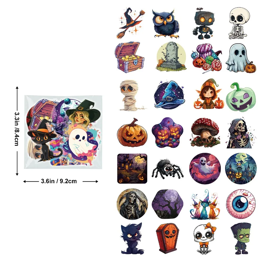 50 Halloween PET Stickers for Holiday Decoration, Horror Waterproof Pumpkin Skull Eyes DIY Decorative Stickers for Kids Toys