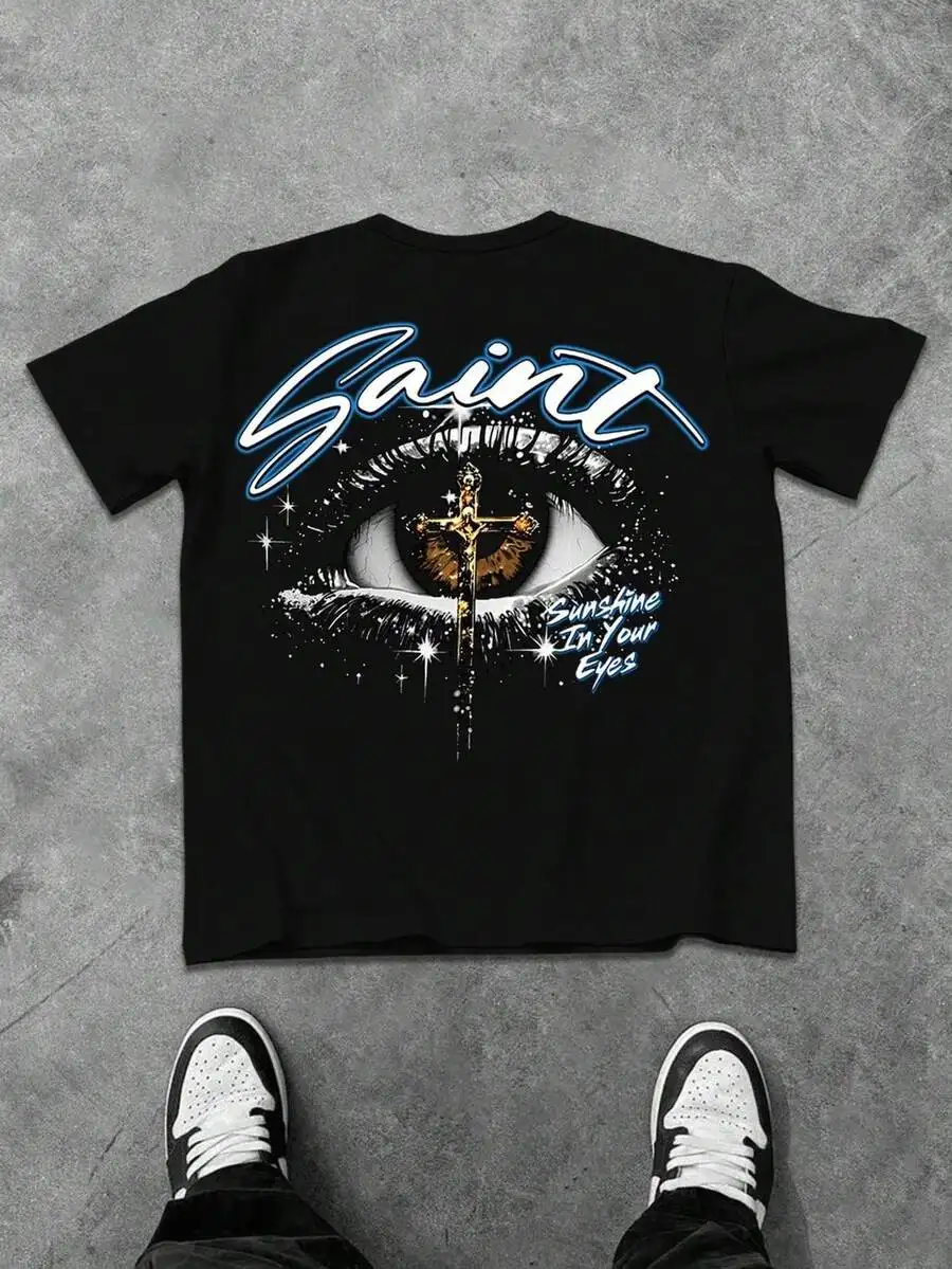 New Fashion Street Style Men's Black Short Sleeve Tee Apparel, Religious Symbol And Eye Motif Print 100% Cotton Casual Daily Wear T-Shirt