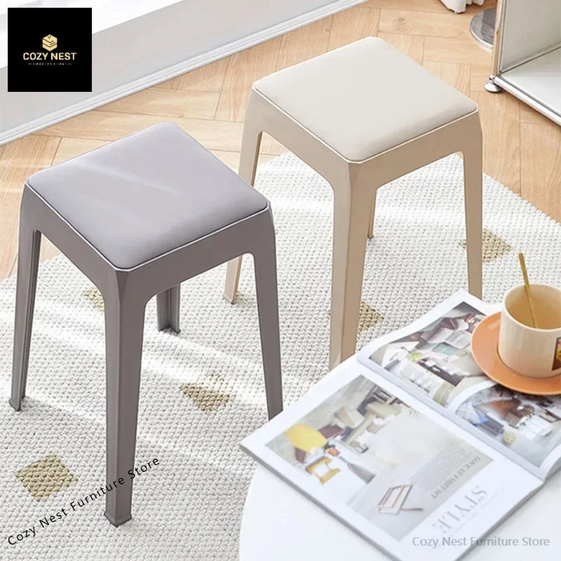 

Plastic stool thickened household high bench modern simple single stool living room soft bag square stool stackable dining table