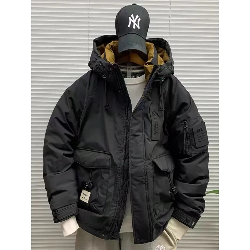 Men's Workwear Fashion Hooded White Down Jacket Winter Thickened Warm Casual Loose Over Jacket Fashion Personality Cool