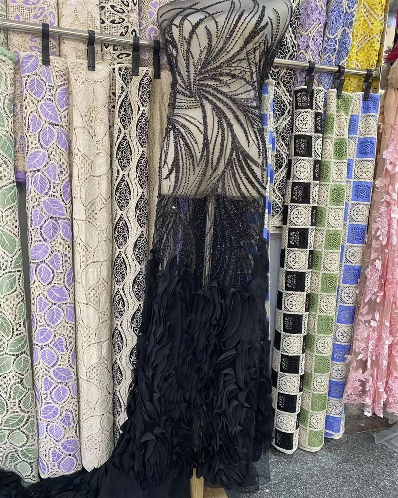 Brangdy African French Tulle Embroidery Beaded Lace Fabric, Nigerian Sequins, Wedding Party Dress, Elegant, 2024 image 6